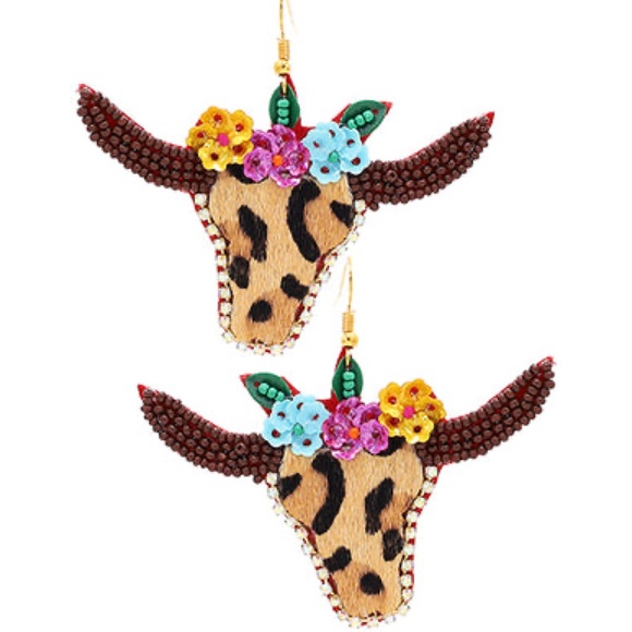 Leopard Print Longhorn Earrings With Seed Bead Floral Detail - Picture 2 of 6